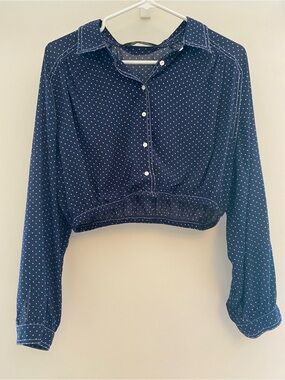 Zara Navy Polka Dot Cropped Button-Down Shirt